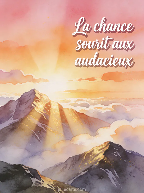 Paysage de montagne au lever du soleil avec rayons dorés et le texte La chance sourit aux audacieux en typographie manuscrite blanche, style aquarelle