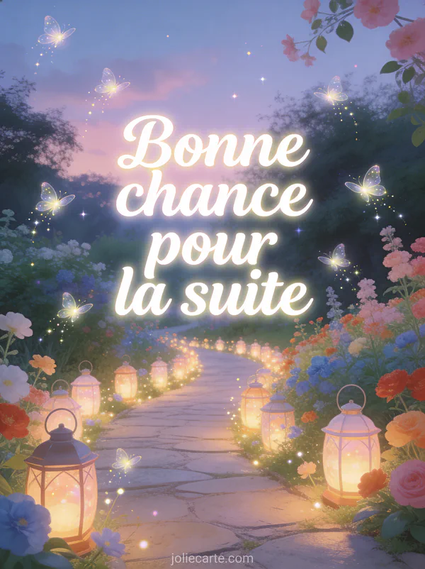 Chemin lumineux bordé de lanternes dans un jardin fleuri au crépuscule avec lucioles et le texte Bonne chance pour la suite en lettres cursives blanches