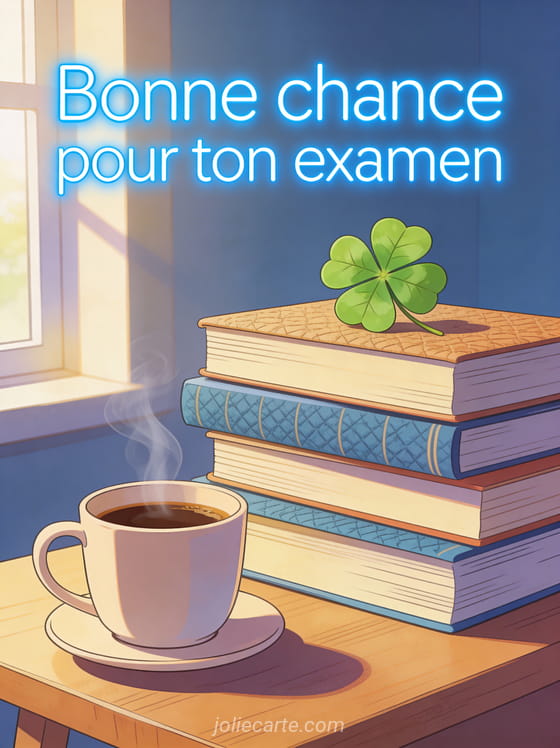 Bureau avec livres empilés, tasse de café fumante et trèfle à quatre feuilles avec le texte Bonne chance pour ton examen en lettres bleues lumineuses