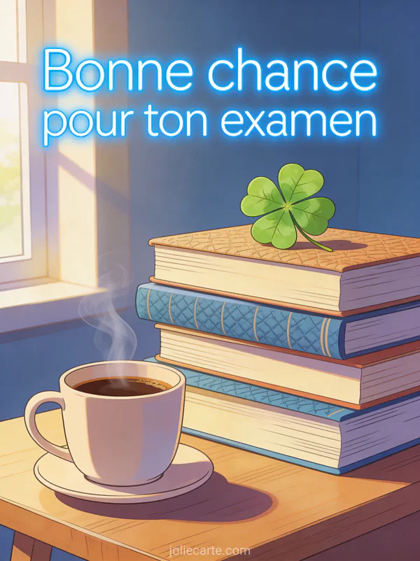 Bureau avec livres empilés, tasse de café fumante et trèfle à quatre feuilles avec le texte Bonne chance pour ton examen en lettres bleues lumineuses