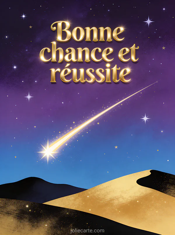 Étoile filante traversant un ciel nocturne violet et bleu parsemé d'étoiles avec le texte Bonne chance et réussite en lettres dorées brillantes