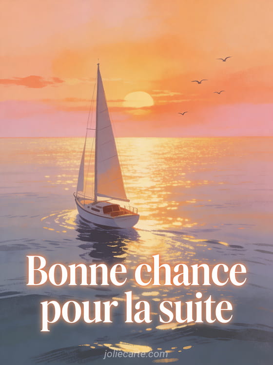 Voilier naviguant sur une mer calme au coucher du soleil avec ciel orangé et oiseaux en vol et le texte Bonne chance pour la suite en lettres blanches