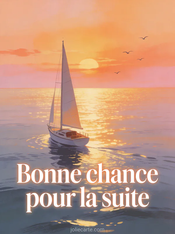 Voilier naviguant sur une mer calme au coucher du soleil avec ciel orangé et oiseaux en vol et le texte Bonne chance pour la suite en lettres blanches