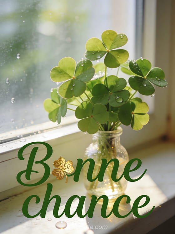 Bouquet de trèfles à quatre feuilles dans un petit vase en verre sur un rebord de fenêtre ensoleillé avec le texte Bonne chance en lettres vertes calligraphiées