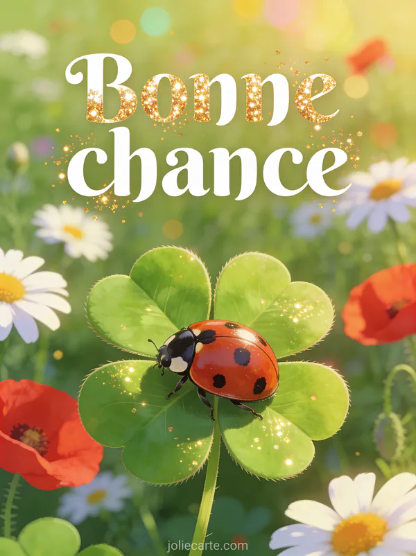 Coccinelle posée sur un trèfle à quatre feuilles vert éclatant dans une prairie fleurie avec marguerites et le texte Bonne chance en lettres blanches pailletées
