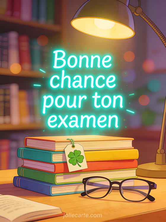 Pile de livres colorés avec un trèfle à quatre feuilles en marque-page et lunettes posées à côté avec le texte Bonne chance pour ton examen en lettres turquoise