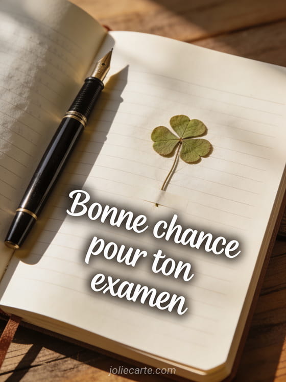 Stylo-plume posé sur un carnet ouvert avec un trèfle séché pressé entre les pages et le texte Bonne chance pour ton examen en lettres blanches manuscrites