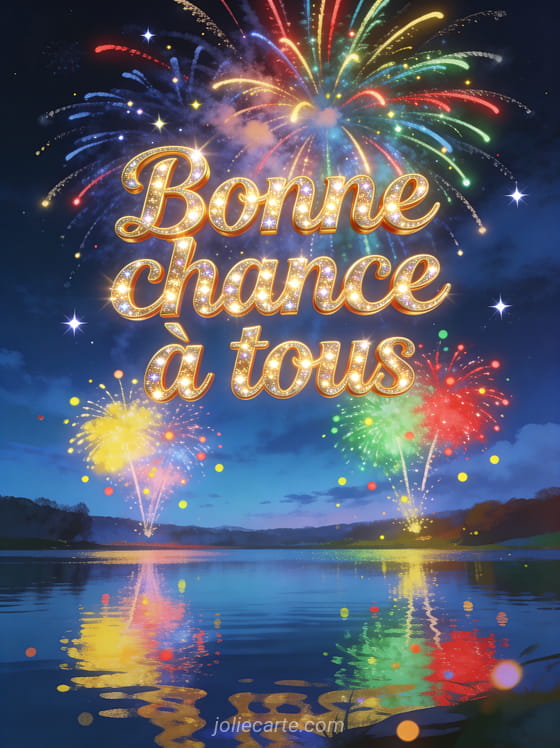 Feu d'artifice coloré illuminant un ciel nocturne étoilé avec reflets sur un lac et le texte Bonne chance à tous en lettres dorées scintillantes