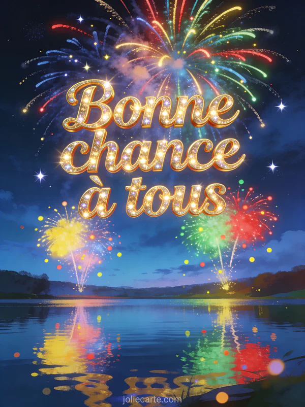 Feu d'artifice coloré illuminant un ciel nocturne étoilé avec reflets sur un lac et le texte Bonne chance à tous en lettres dorées scintillantes