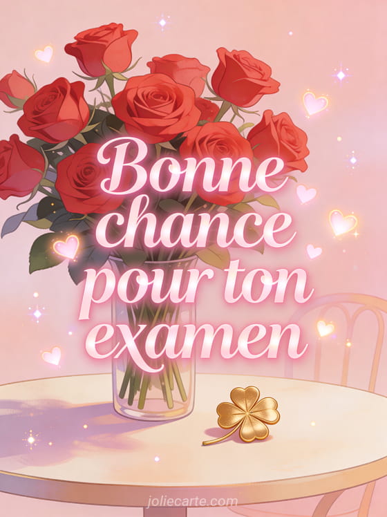 Bouquet de roses rouges avec un trèfle doré et petits coeurs lumineux flottants avec le texte Bonne chance pour ton examen en lettres roses élégantes