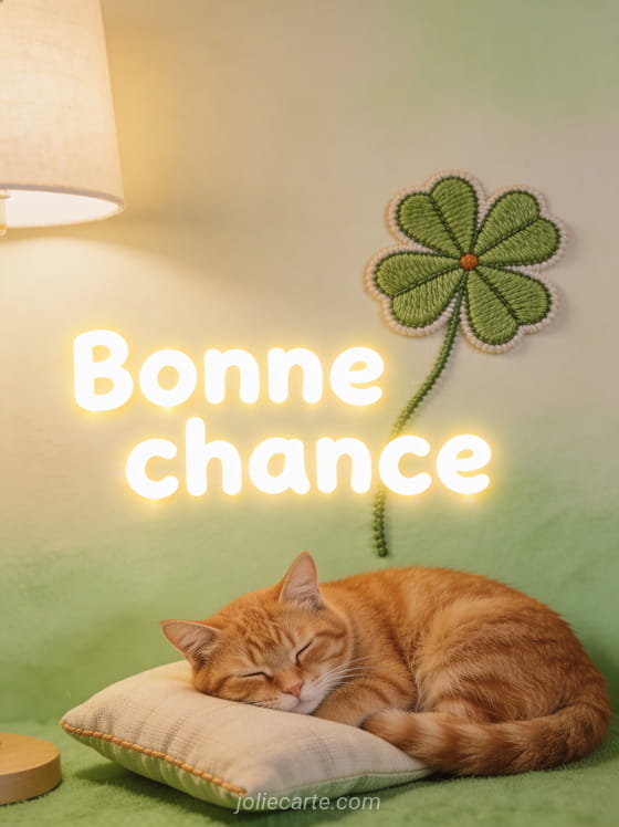 Chat roux endormi sur un coussin à côté d'un trèfle à quatre feuilles brodé avec le texte Bonne chance en lettres blanches arrondies lumineuses