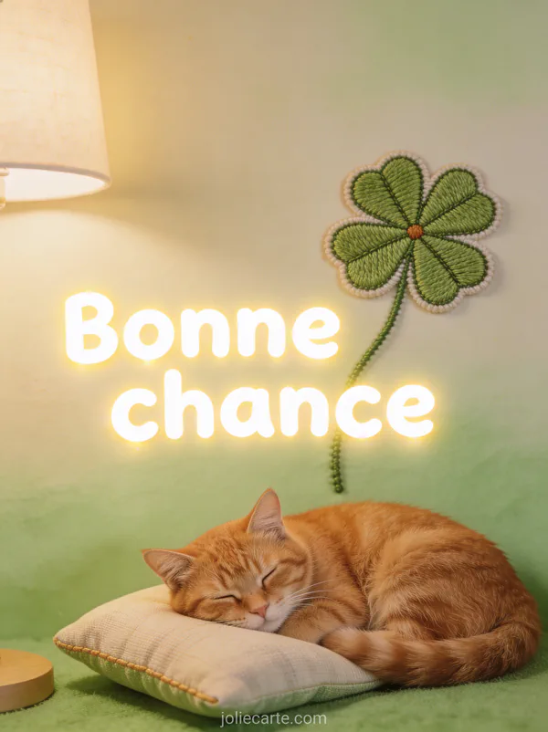 Chat roux endormi sur un coussin à côté d'un trèfle à quatre feuilles brodé avec le texte Bonne chance en lettres blanches arrondies lumineuses