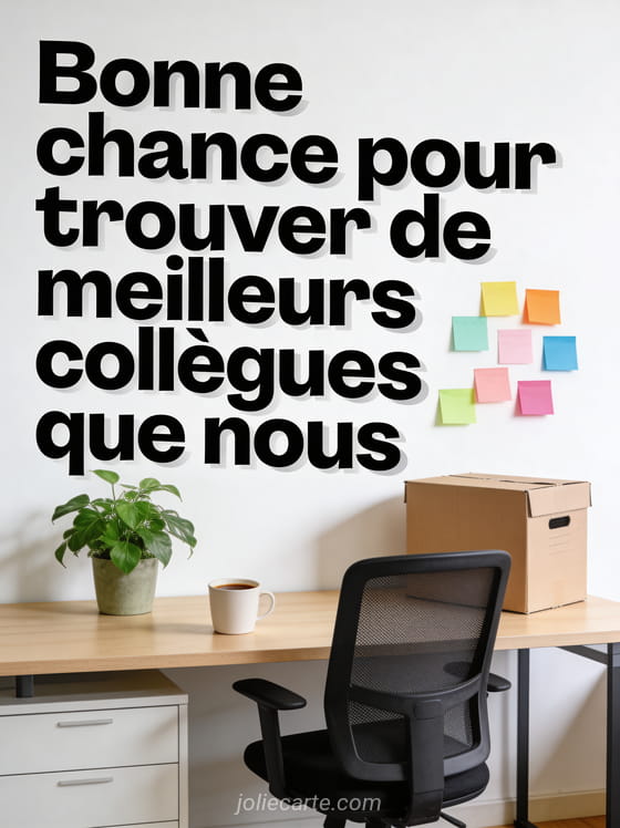 Bureau avec plante verte, tasse de café et carton de déménagement avec post-it colorés et le texte Bonne chance pour trouver de meilleurs collègues que nous