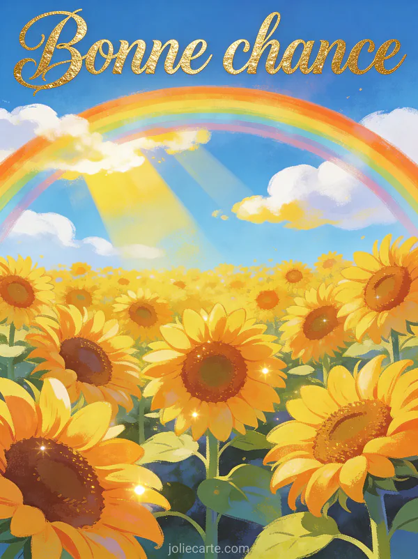 Arc-en-ciel lumineux au-dessus d'un champ de tournesols sous un ciel bleu avec le texte Bonne chance en lettres dorées calligraphiées