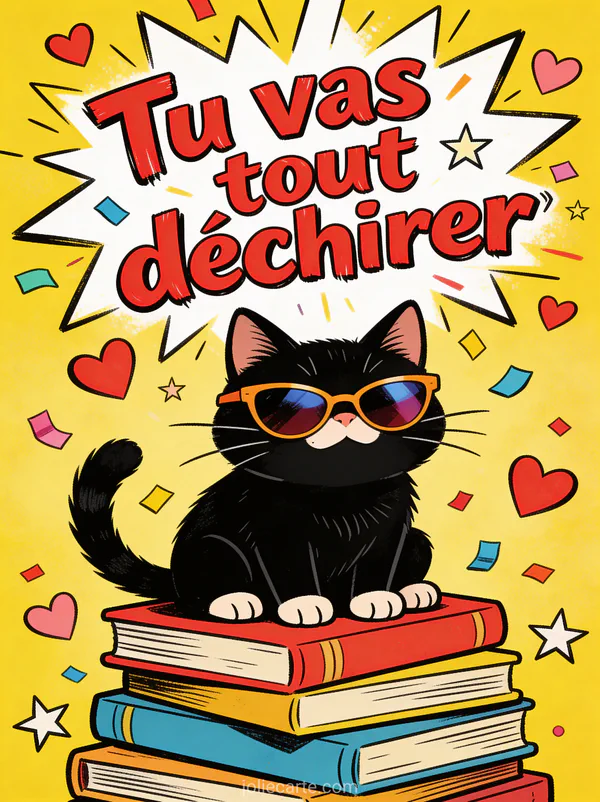 Chat noir portant des lunettes de soleil assis sur une pile de livres avec confettis et le texte Tu vas tout déchirer en lettres rouges style bande dessinée