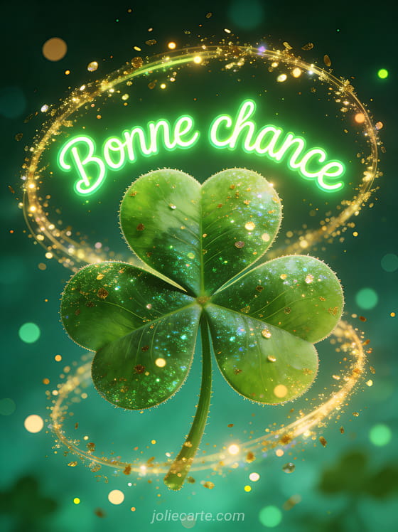 Trèfle à quatre feuilles géant avec paillettes dorées tourbillonnantes sur fond vert émeraude avec le texte Bonne chance en lettres vertes néon