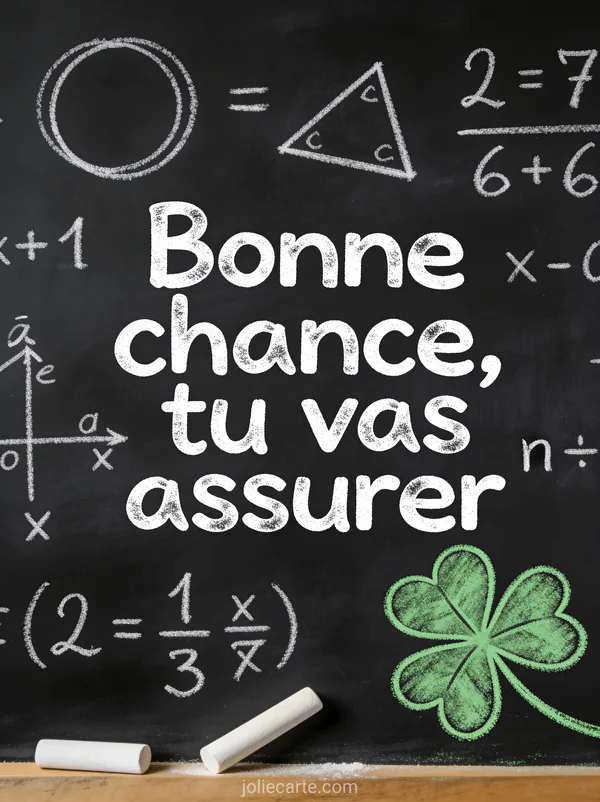 Tableau noir avec formules à la craie et un trèfle dessiné en vert avec le texte Bonne chance tu vas assurer en lettres blanches style chalk