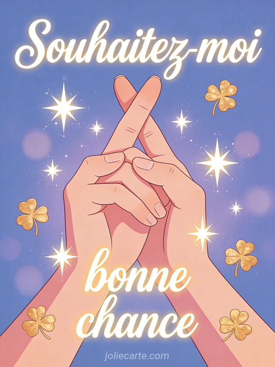 Doigts croisés stylisés entourés d'étoiles scintillantes et de trèfles dorés sur fond bleu lavande avec le texte Souhaitez-moi bonne chance