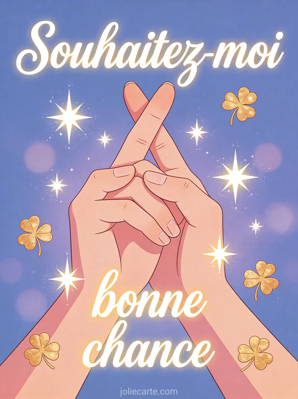 Doigts croisés stylisés entourés d'étoiles scintillantes et de trèfles dorés sur fond bleu lavande avec le texte Souhaitez-moi bonne chance