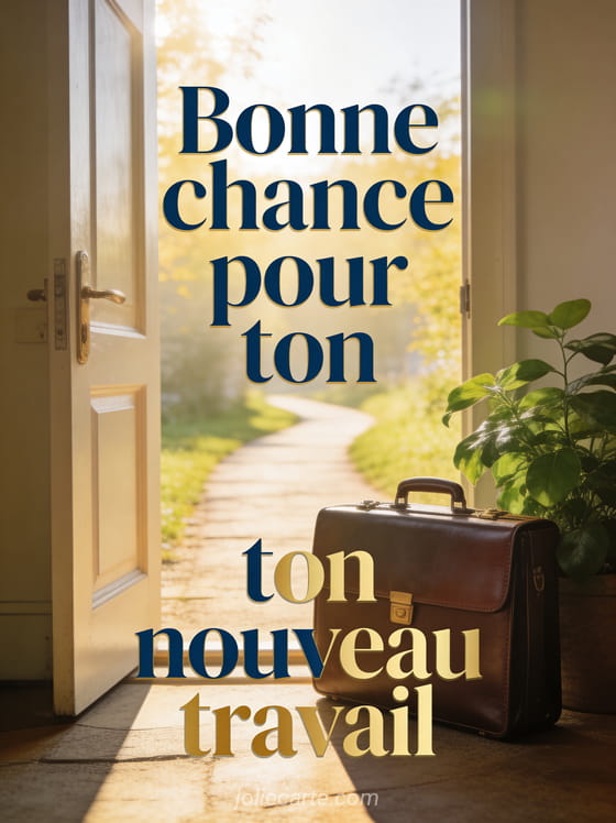 Mallette en cuir devant une porte ouverte donnant sur un chemin ensoleillé avec plante verte et le texte Bonne chance pour ton nouveau travail