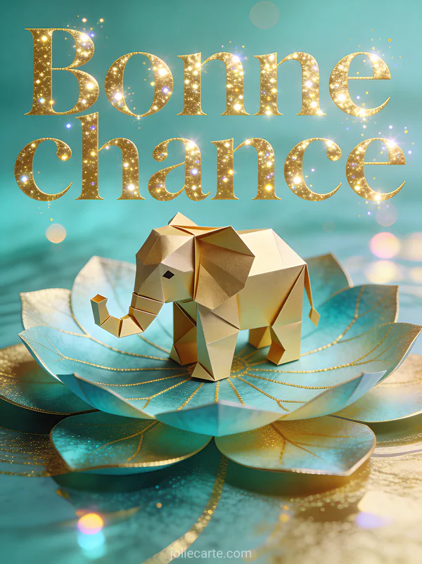 Petit éléphant en origami doré posé sur une feuille de lotus avec fond turquoise et or et le texte Bonne chance en lettres dorées brillantes