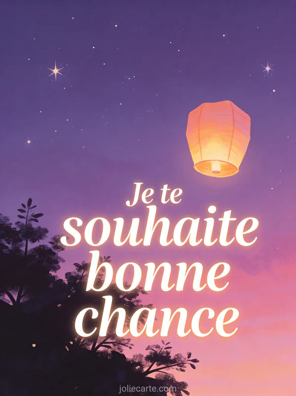 Lanterne volante lumineuse s'élevant dans un ciel crépusculaire violet et rose avec silhouette d'arbres et le texte Je te souhaite bonne chance