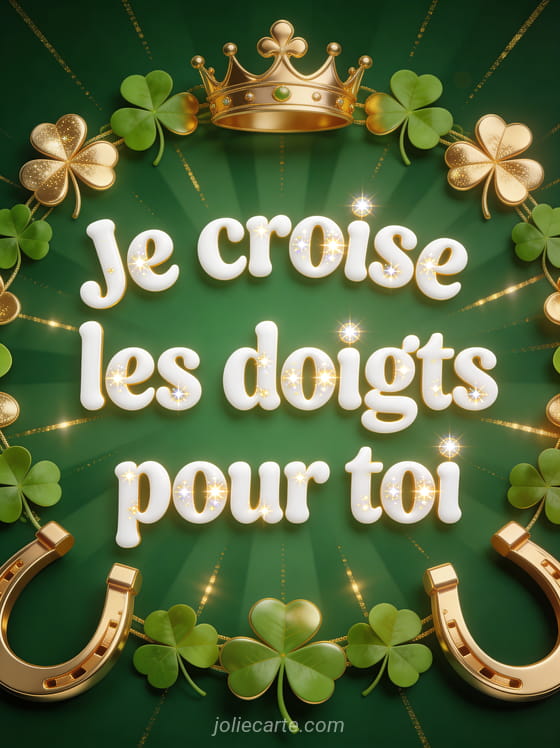 Trèfles à quatre feuilles et fers à cheval dorés disposés en couronne sur fond vert forêt avec le texte Je croise les doigts pour toi