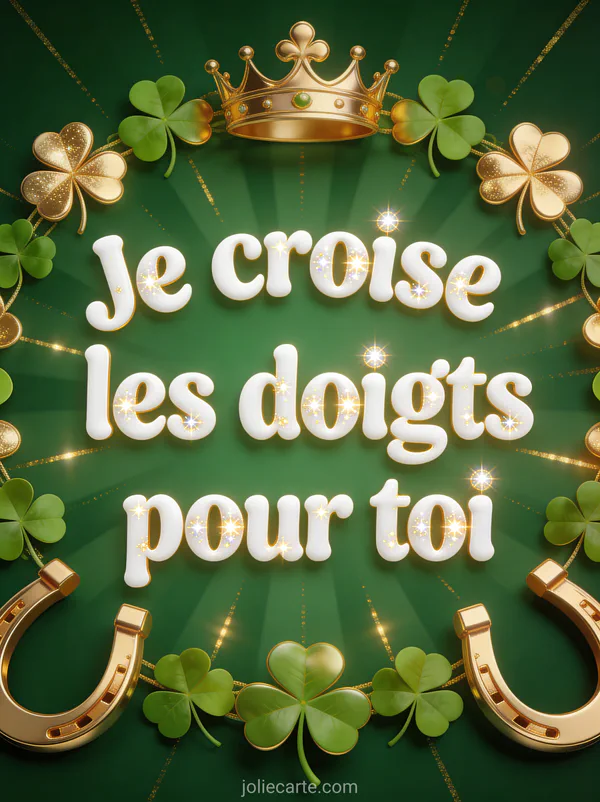 Trèfles à quatre feuilles et fers à cheval dorés disposés en couronne sur fond vert forêt avec le texte Je croise les doigts pour toi