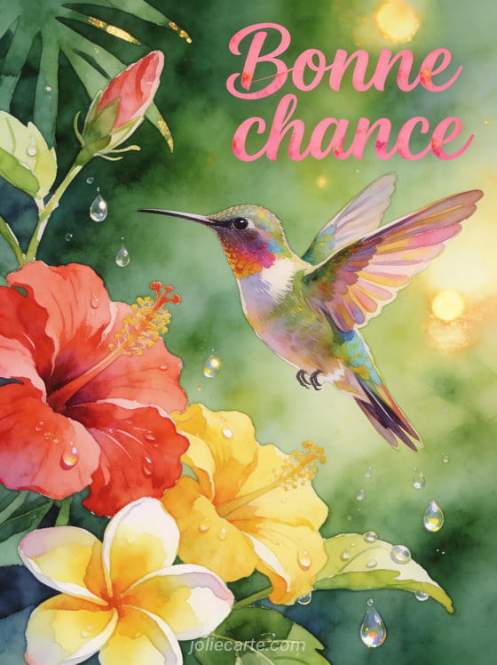 Colibri aux plumes irisées en vol devant des fleurs tropicales hibiscus et frangipanier avec le texte Bonne chance en lettres roses aquarelle
