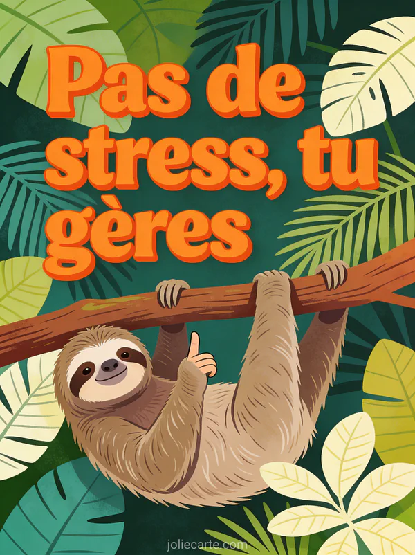 Paresseux accroché à une branche avec un pouce levé dans une jungle tropicale avec le texte Pas de stress tu gères en lettres orange vif