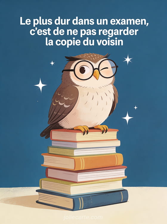 Hibou avec grosses lunettes rondes assis sur une pile de livres avec un air malin et étoiles scintillantes sur fond bleu foncé