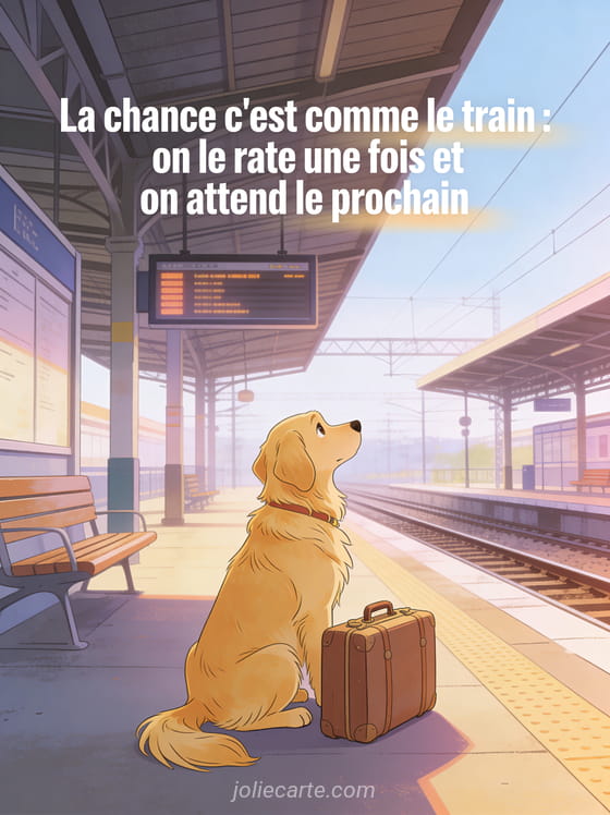 Chien golden retriever assis dans une gare vide avec une valise regardant le panneau d'affichage avec le texte sur la chance et le train