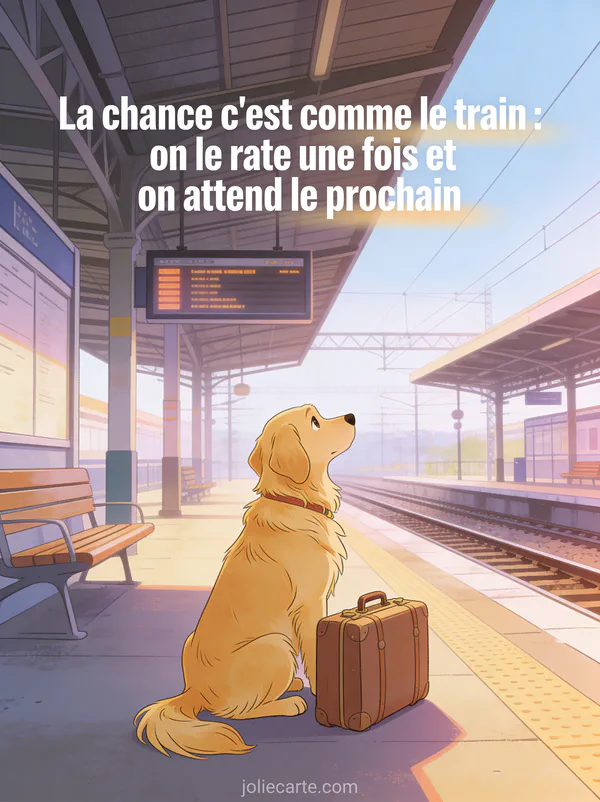 Chien golden retriever assis dans une gare vide avec une valise regardant le panneau d'affichage avec le texte sur la chance et le train