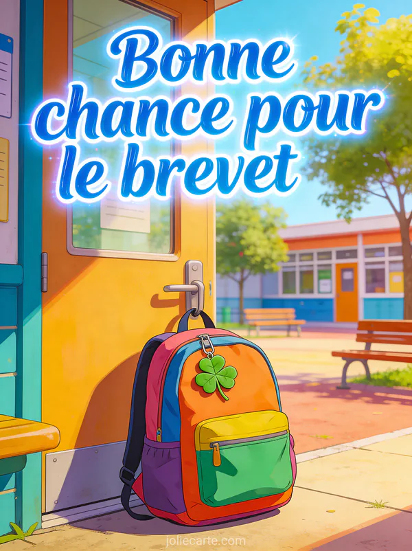 Sac à dos coloré posé devant une porte d'école avec un trèfle à quatre feuilles accroché et cour ensoleillée en arrière-plan