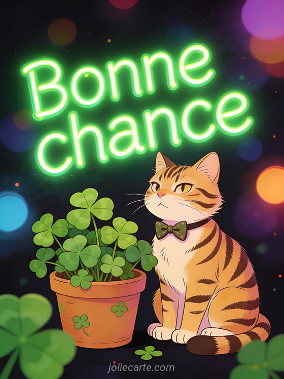 Chat tigré portant un noeud papillon assis à côté d'un pot de trèfles à quatre feuilles avec lumières colorées en bokeh et le texte Bonne chance en vert néon