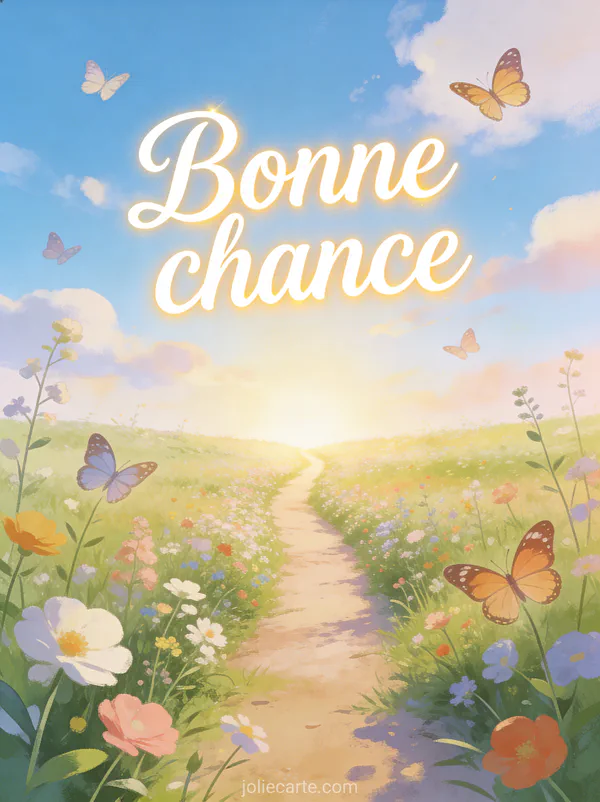 Paysage de campagne au printemps avec sentier bordé de fleurs sauvages et papillons en vol sous un ciel bleu avec le texte Bonne chance