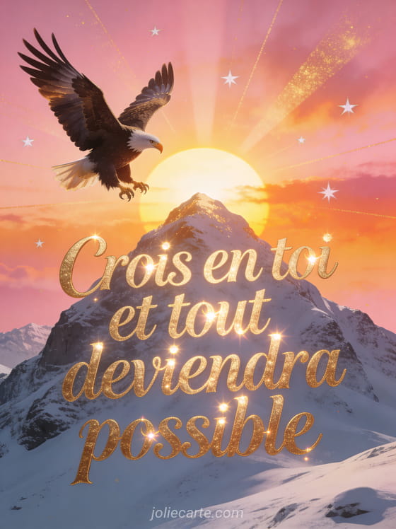 Lever de soleil majestueux derrière une montagne enneigée avec aigle en vol et le texte Crois en toi et tout deviendra possible en lettres dorées