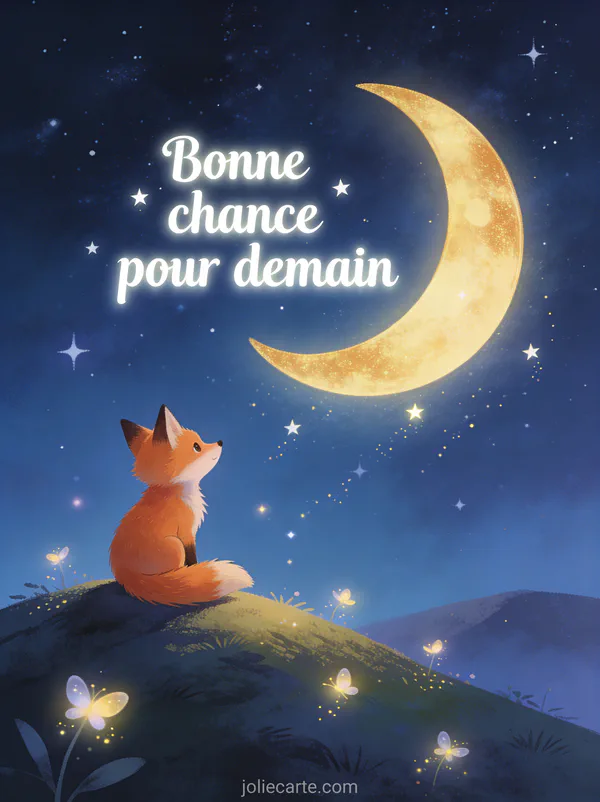 Petit renard roux assis sur une colline regardant les étoiles avec lune croissante dorée et lucioles scintillantes et le texte Bonne chance pour demain