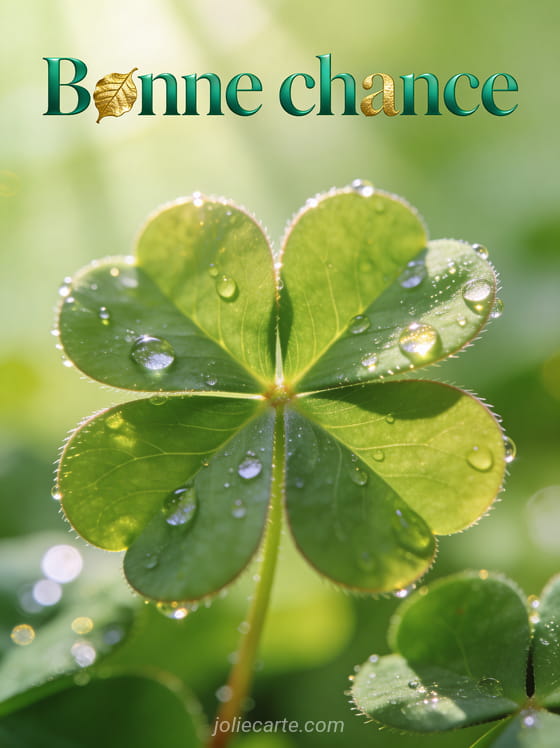 Gros plan photoréaliste d'un trèfle à quatre feuilles vert brillant avec gouttes de rosée scintillantes et rayons de soleil