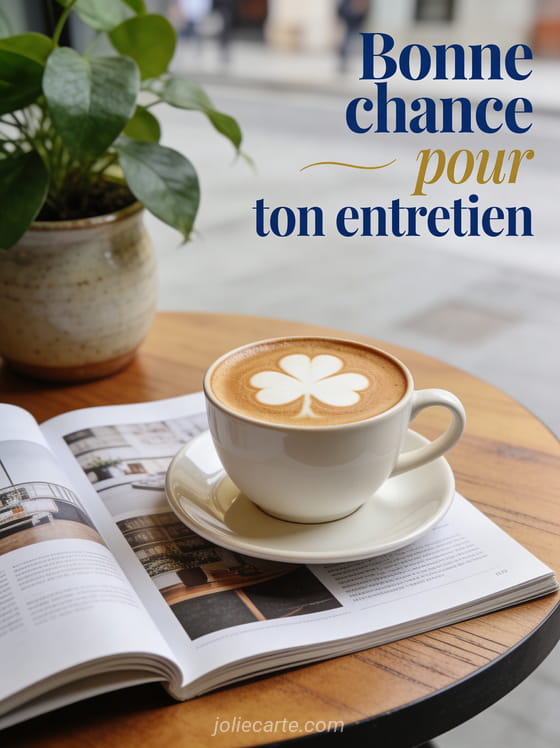 Tasse de café latte art en forme de trèfle posée sur un magazine sur une table de café avec lumière matinale et plante verte