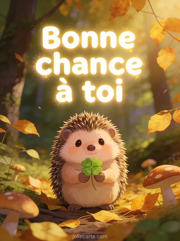 Petit hérisson mignon tenant un trèfle à quatre feuilles entre ses pattes dans un sous-bois automnal avec feuilles dorées et champignons