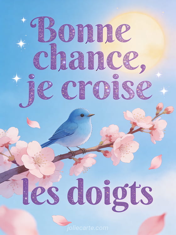 Petit oiseau bleu perché sur une branche fleurie de cerisier avec pétales roses qui volent et le texte Bonne chance je croise les doigts