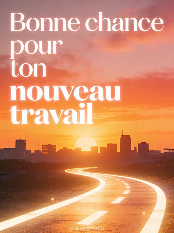 Horizon de ville au lever du soleil avec buildings en silhouette et ciel orange et rose avec un chemin lumineux au premier plan