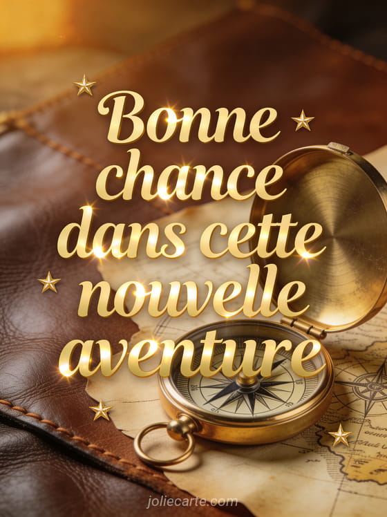 Boussole dorée ouverte posée sur une carte ancienne avec petites étoiles dorées et lumière ambrée et le texte Bonne chance dans cette nouvelle aventure