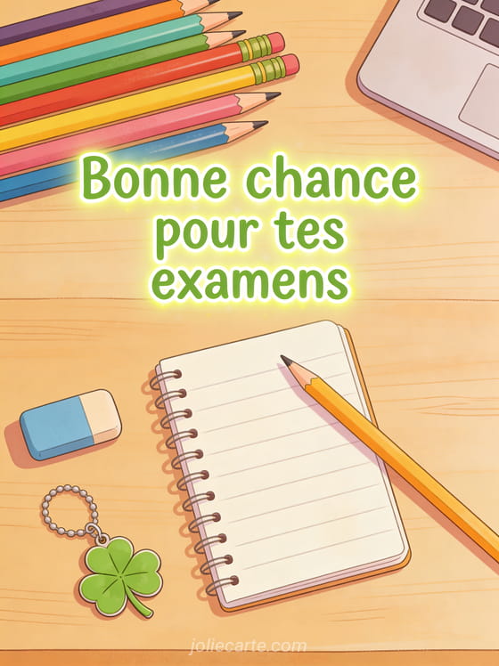 Bureau vu de dessus avec crayons de couleur, carnet, gomme et trèfle en porte-clés sur fond bois clair avec le texte Bonne chance pour tes examens
