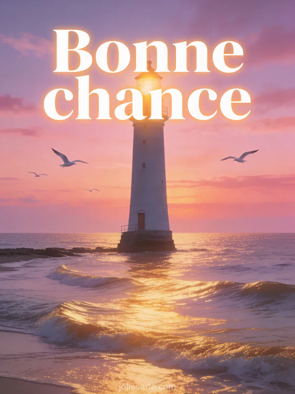 Phare au bord de la mer au coucher du soleil avec vagues calmes dorées et mouettes en vol sous un ciel rose et violet et le texte Bonne chance