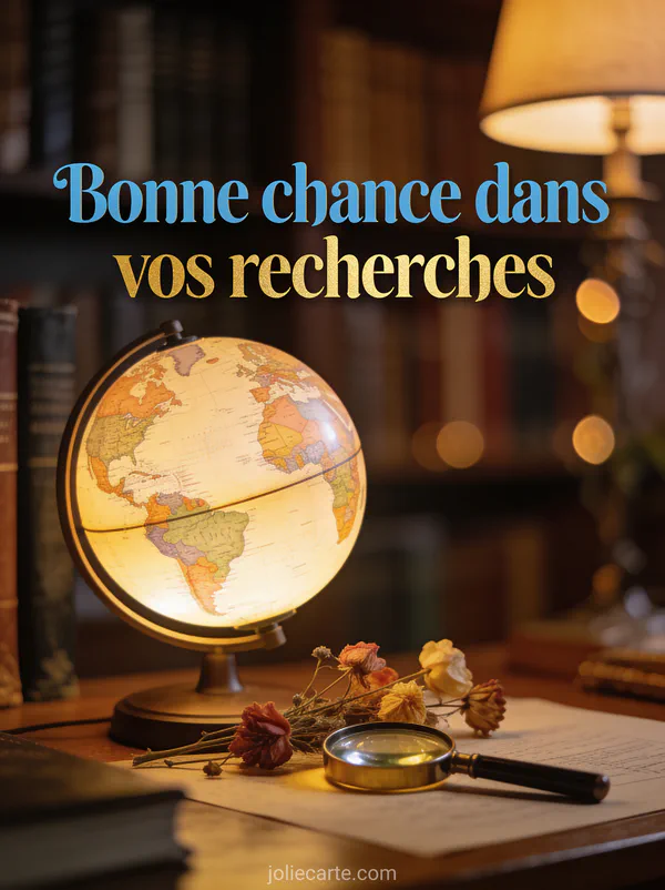 Globe terrestre illuminé posé sur un bureau avec loupe et fleurs séchées sous lumière tamisée de lampe et le texte Bonne chance dans vos recherches