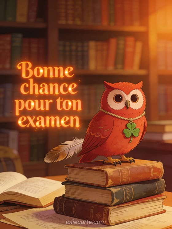 Chouette rousse perchée sur une pile de livres anciens avec un trèfle autour du cou et bibliothèque en arrière-plan avec lumière chaude