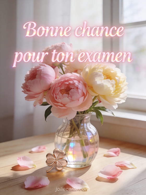 Bouquet de pivoines roses dans un vase en verre avec un trèfle doré posé à côté et pétales dispersés avec le texte Bonne chance pour ton examen