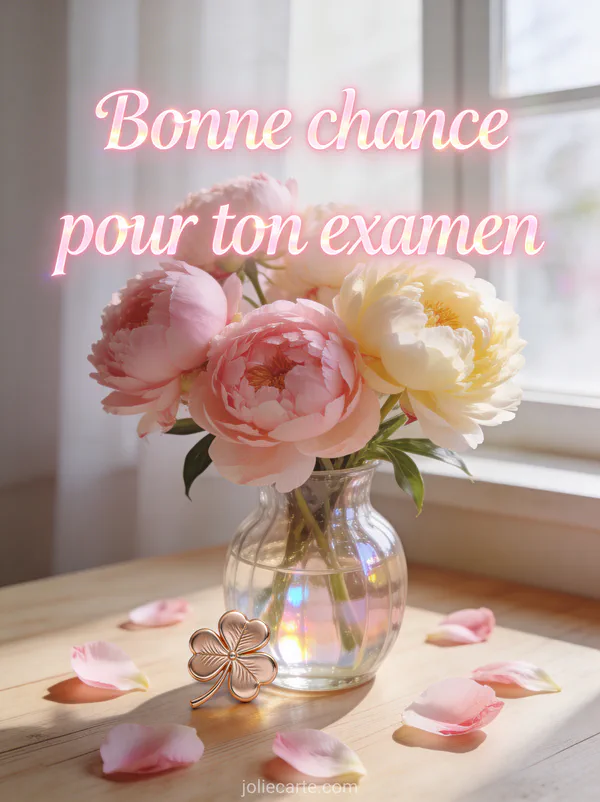 Bouquet de pivoines roses dans un vase en verre avec un trèfle doré posé à côté et pétales dispersés avec le texte Bonne chance pour ton examen